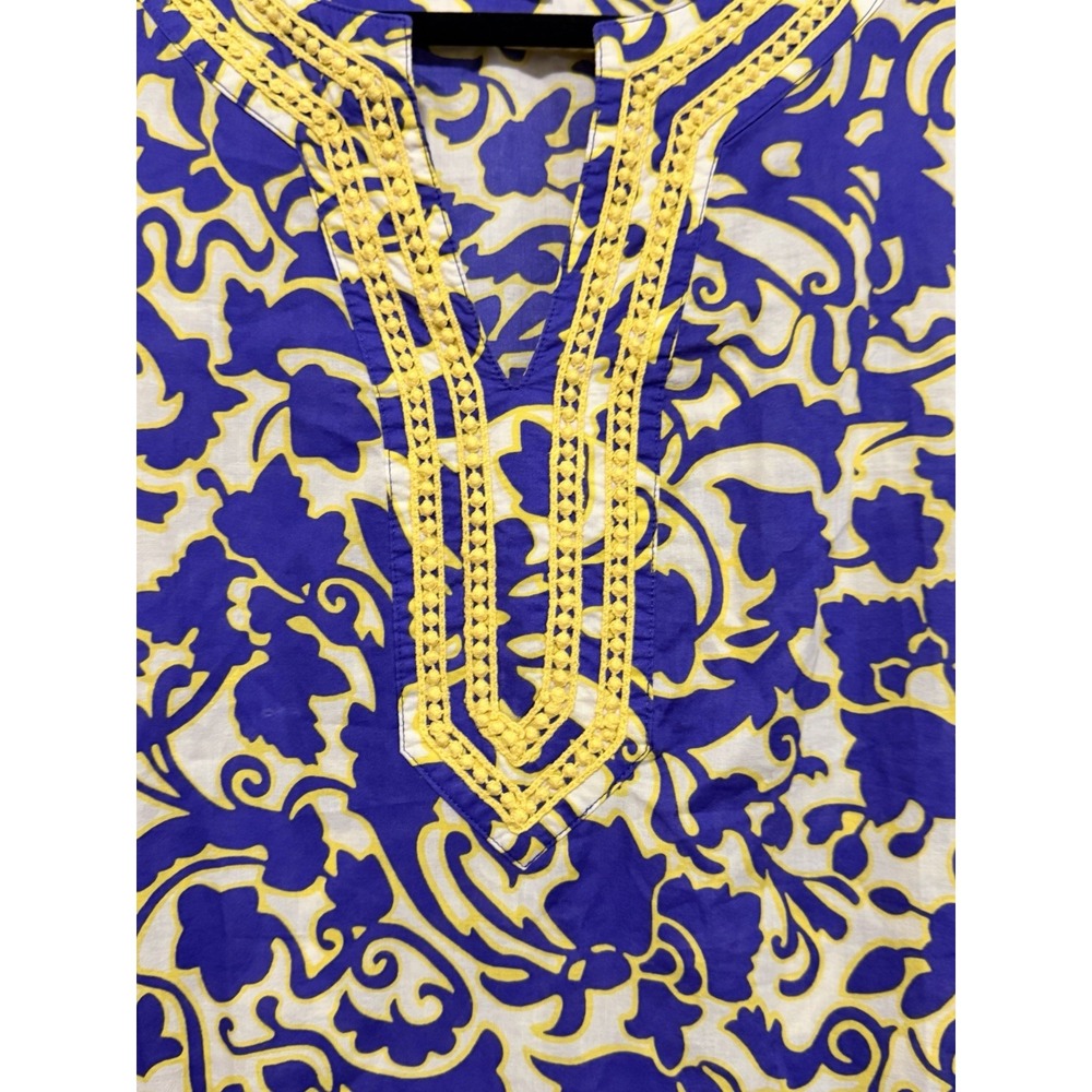 Boden Top SZ 10 Kaftan Tunic 3/4‎ Sleeve Cotton Lagenlook Coastal Purple Yellow - Picture 2 of 6